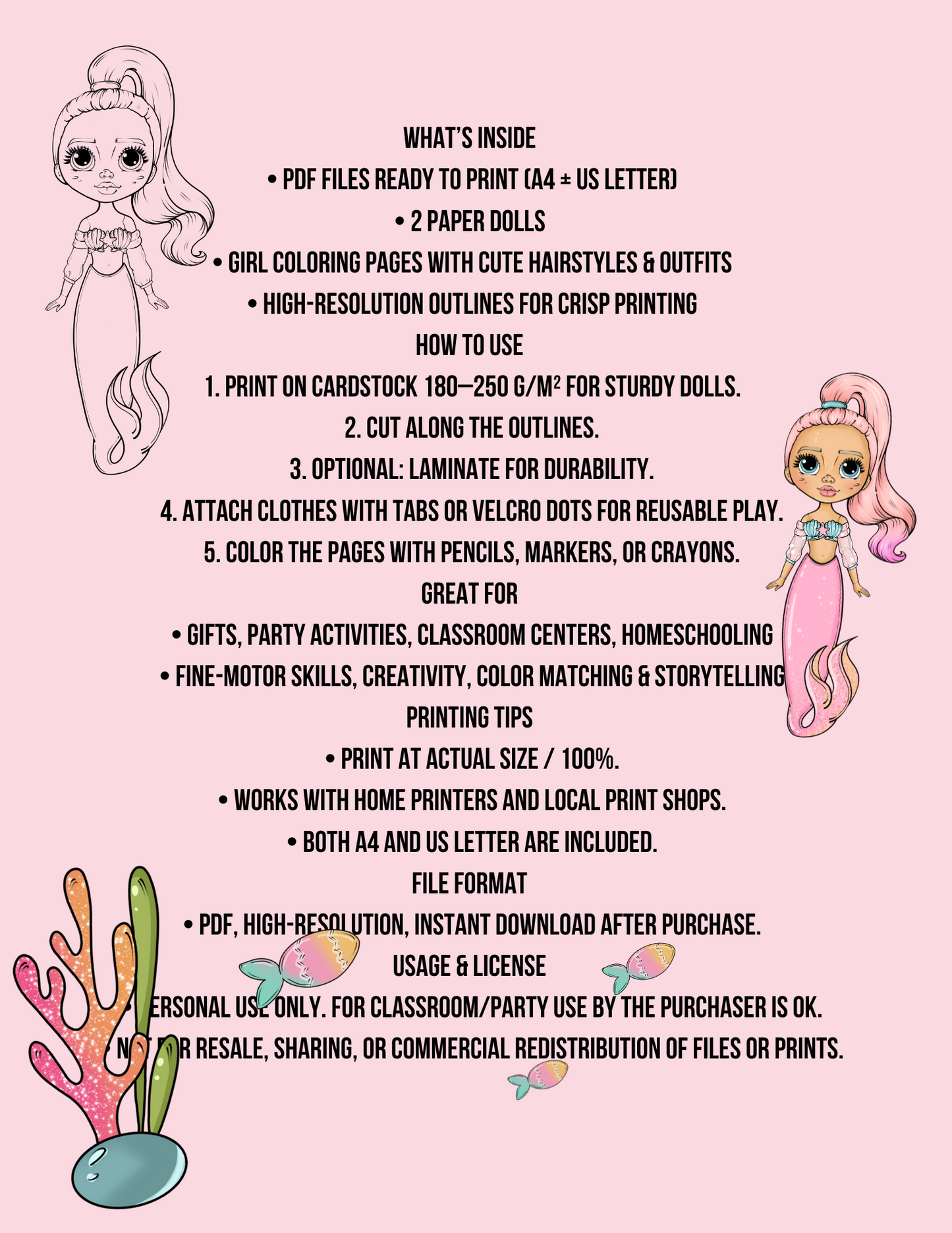 Mermaid Paper Dolls – Printable PDF Dress Up & Coloring Pages (Digital Download)