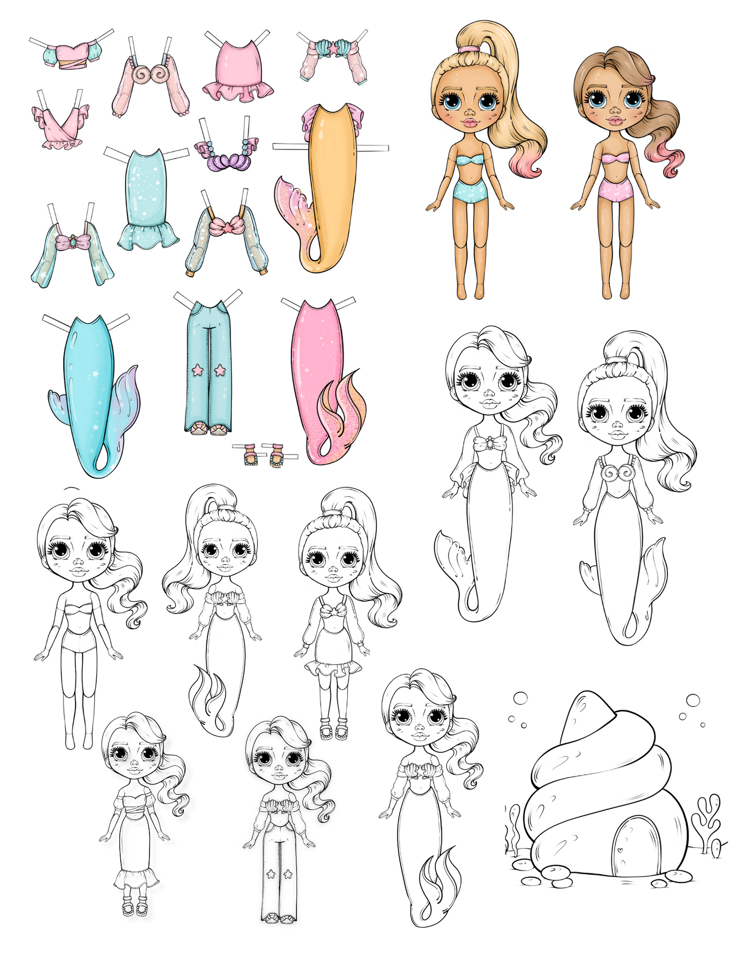 Mermaid Paper Dolls – Printable PDF Dress Up & Coloring Pages (Digital Download)