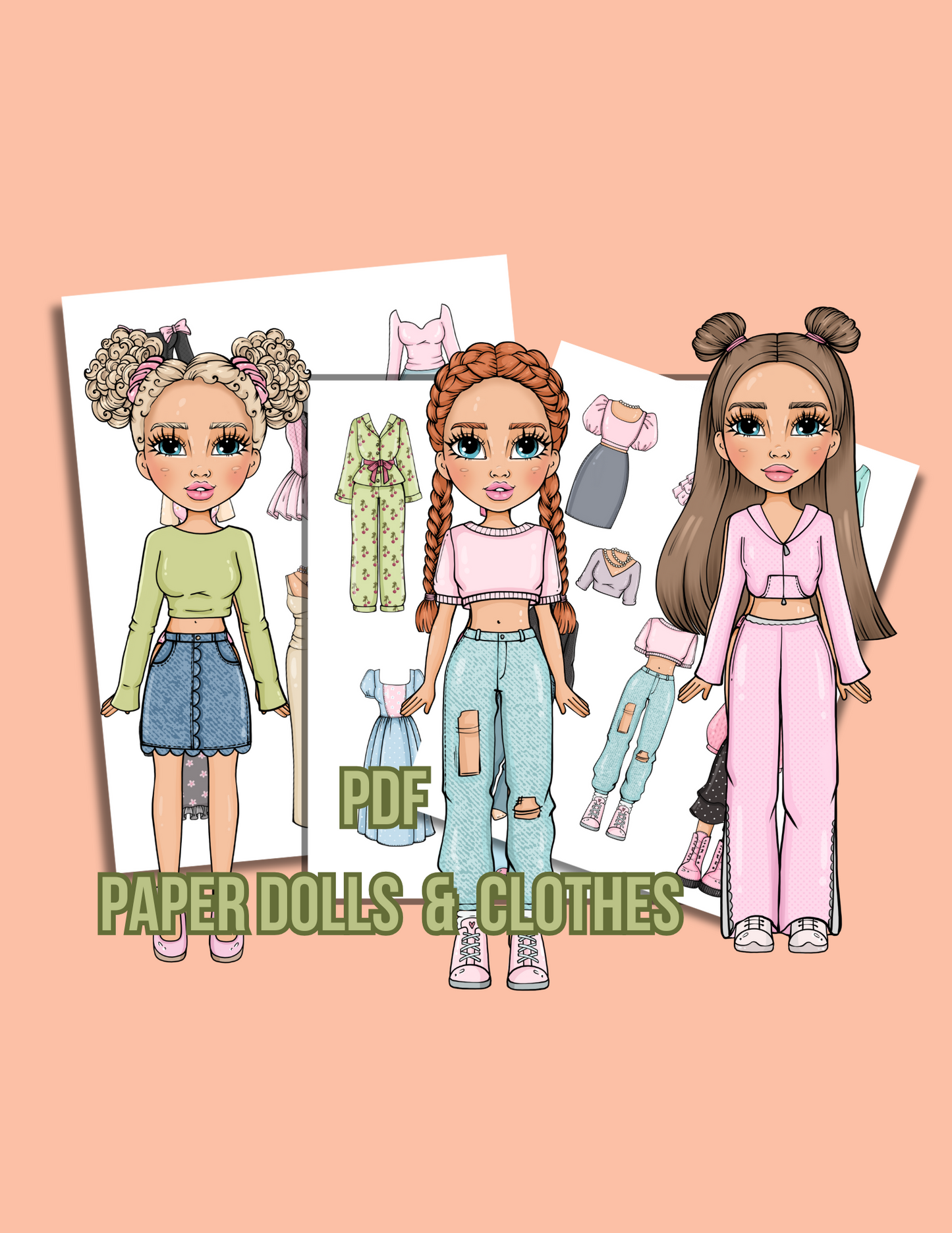 Unique PDF paper dolls with clothes and accessories. Print, cut & play – easy and fun for children.