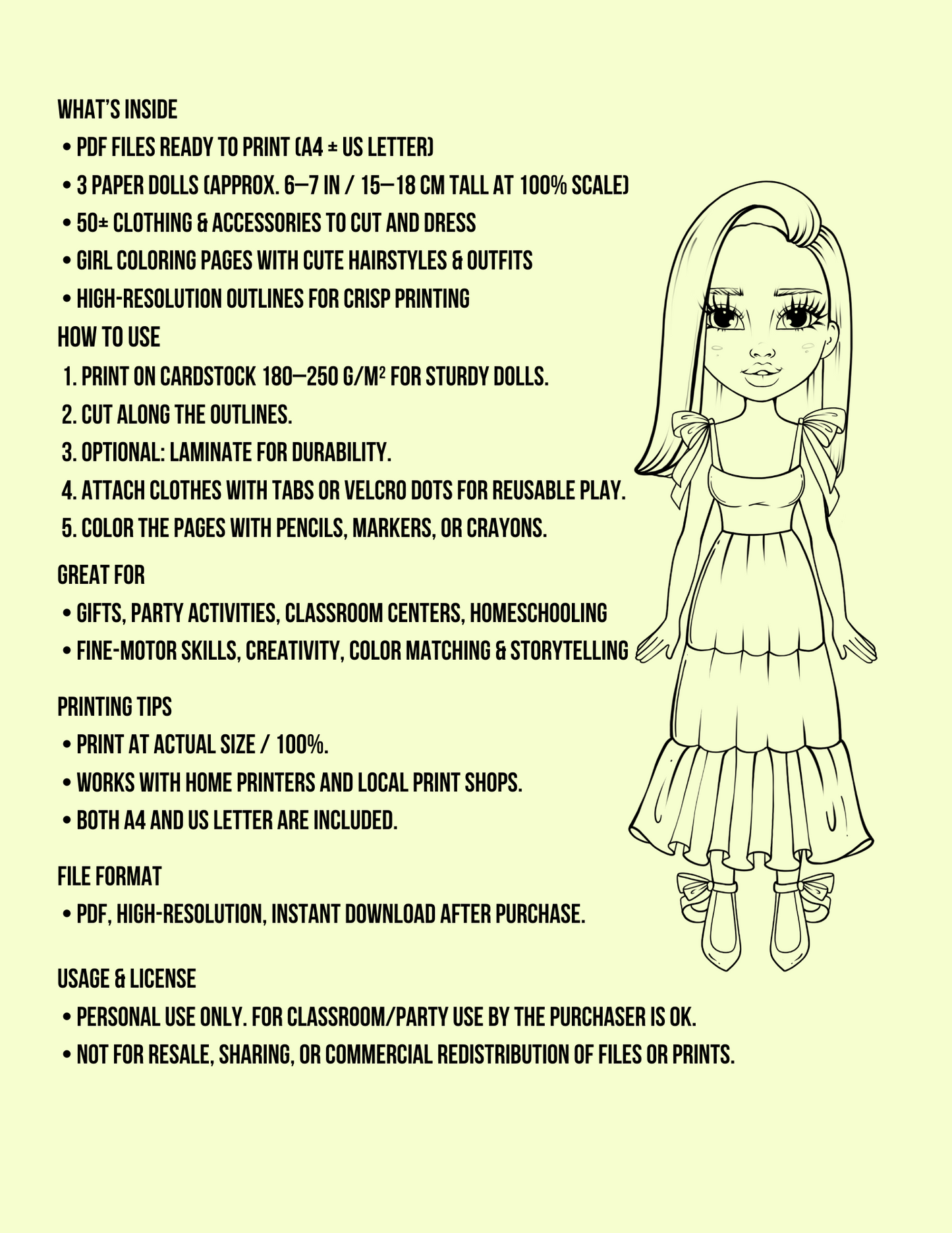 Unique PDF paper dolls with clothes and accessories. Print, cut & play – easy and fun for children.