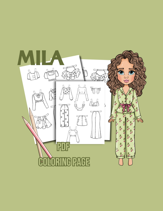 Mila – Printable Paper Doll with Clothes | PDF Coloring Pages | Instant Download