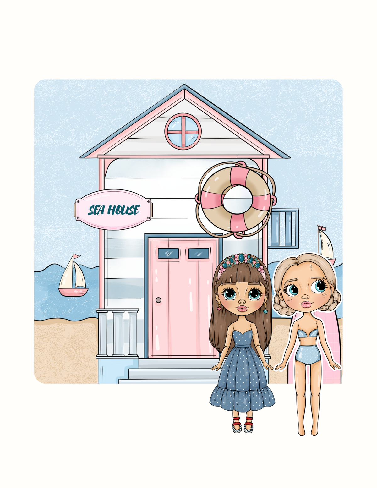 Sea House – Paper Dolls Activity Book (Velcro Dress-Up, 2 Dolls, Coastal Rooms) | Spring Acorn