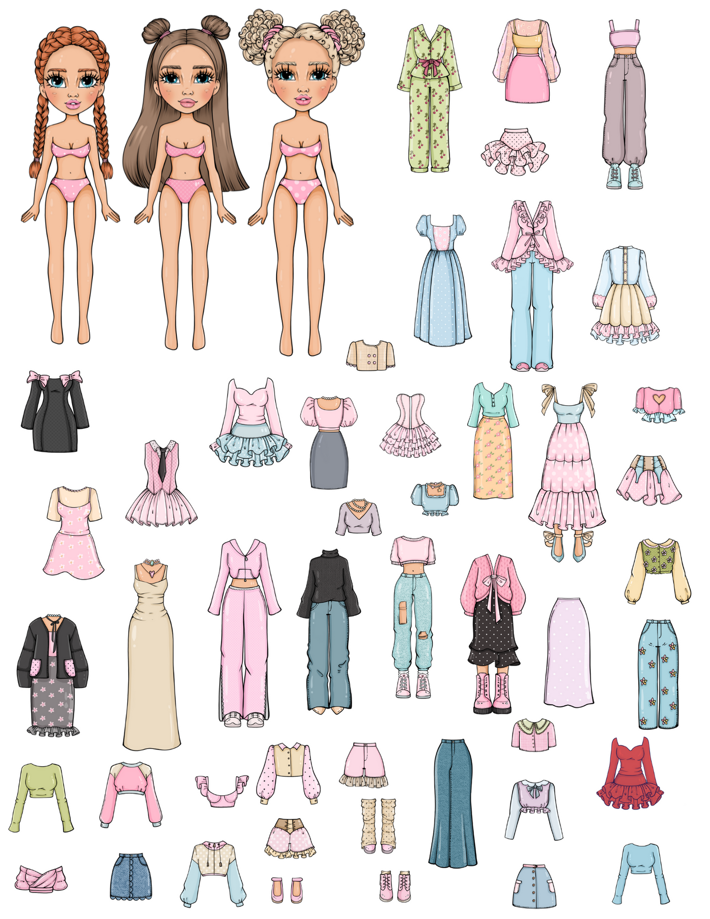 Unique PDF paper dolls with clothes and accessories. Print, cut & play – easy and fun for children.