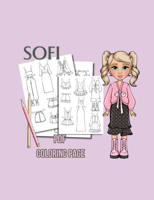 Sofi – PDF Coloring Pages | Paper Doll with Outfits to Print & Color