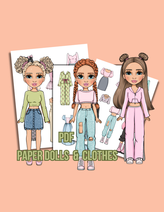 Unique PDF paper dolls with clothes and accessories. Print, cut & play – easy and fun for children.