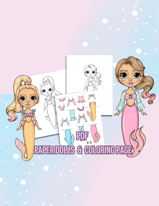 Mermaid Paper Dolls – Printable PDF Dress Up & Coloring Pages (Digital Download)