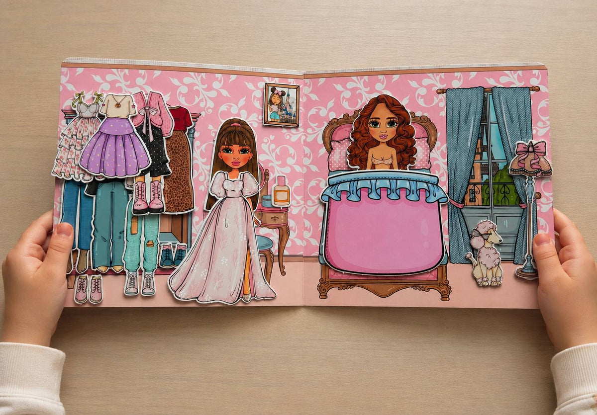 Spring Acorn Paper Doll Set – Out House with 2 Dolls & Accessories – Reusable Clothes – Creative Dress-Up Play (21×21cm Book)