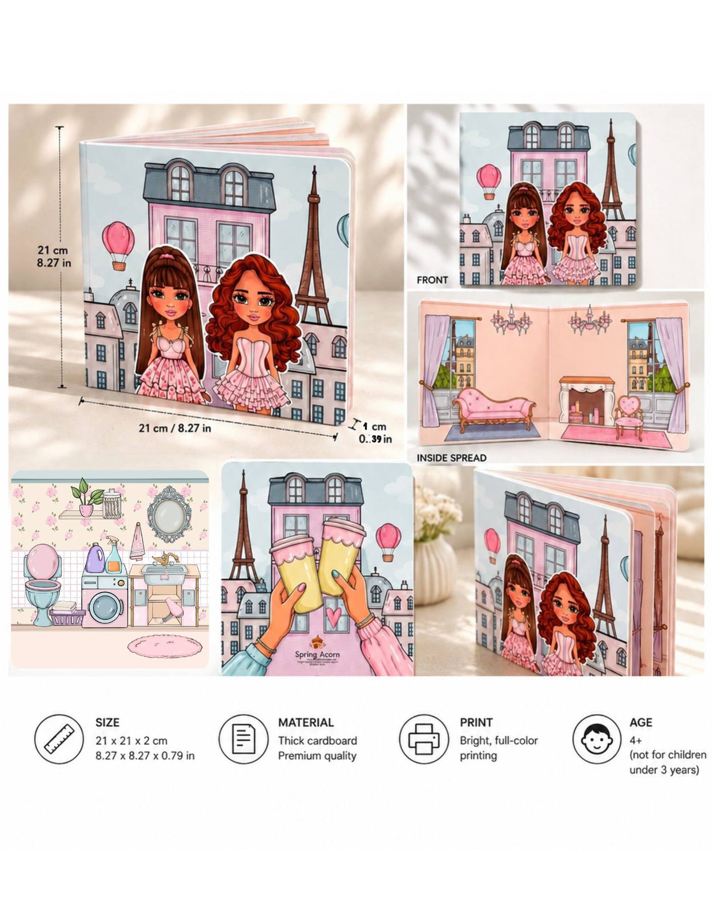 Spring Acorn Paper Doll Set – Out House with 2 Dolls & Accessories – Reusable Clothes – Creative Dress-Up Play (21×21cm Book)