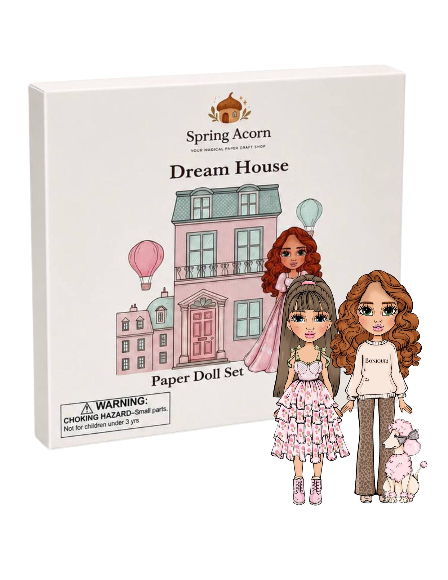 Spring Acorn Paper Doll Set – Out House with 2 Dolls & Accessories – Reusable Clothes – Creative Dress-Up Play (21×21cm Book)