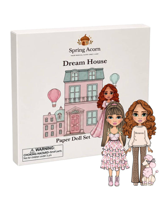 Spring Acorn Paper Doll Set – Out House with 2 Dolls & Accessories – Reusable Clothes – Creative Dress-Up Play (21×21cm Book)